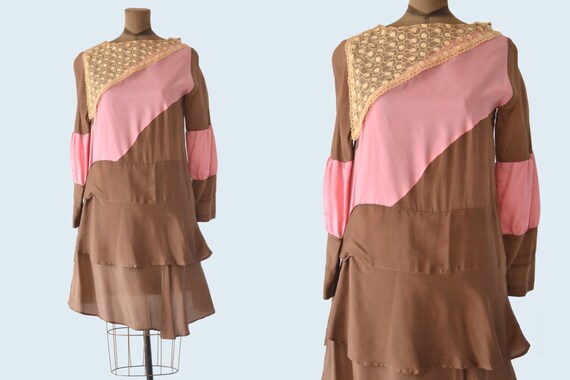 1920s Pink and Brown Silk Flapper Dress size S - image 1