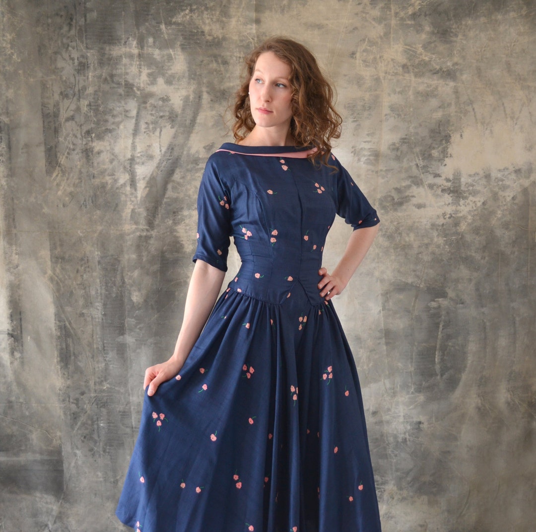 1950s Navy Silk Print Dress - Etsy