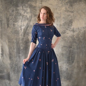 1950s Navy Silk Print Dress image 1