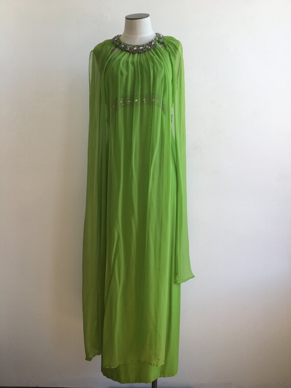 60s Rhinestone Green Silk Chiffon Dress with Over