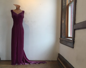 1930s Harvey Nichols Plum Silk Velvet Gown w Train