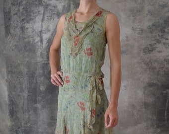 1920s Flapper Dress pale Green Poppy Floral