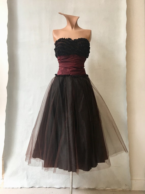 1950s Black/Brown Tulle Party Dress with two skir… - image 2