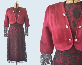 1930s Maroon Silk and Black Lace Dress size S