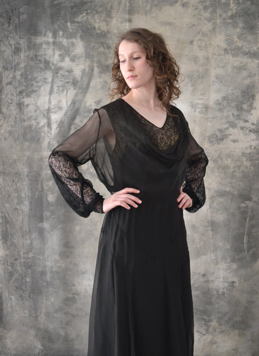 30’s Black Silk and Lace Dress