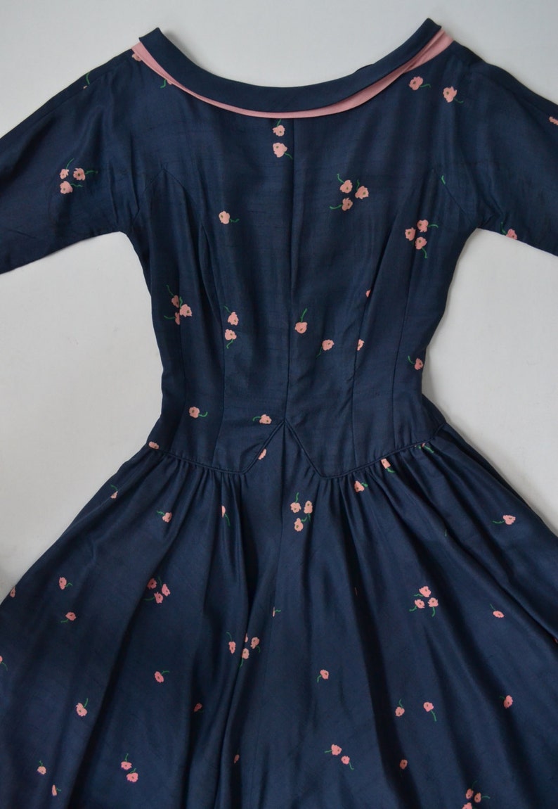 1950s Navy Silk Print Dress image 4