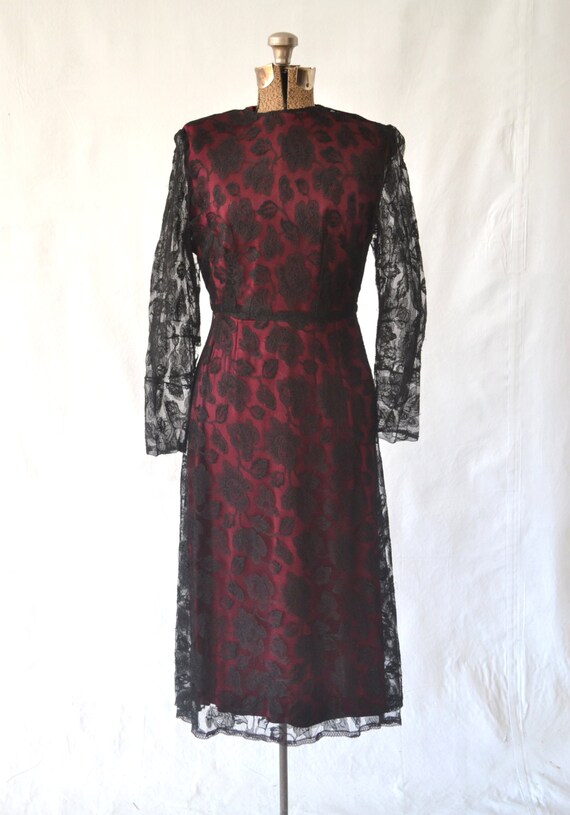 1930s Maroon Silk and Black Lace Dress size S - image 4