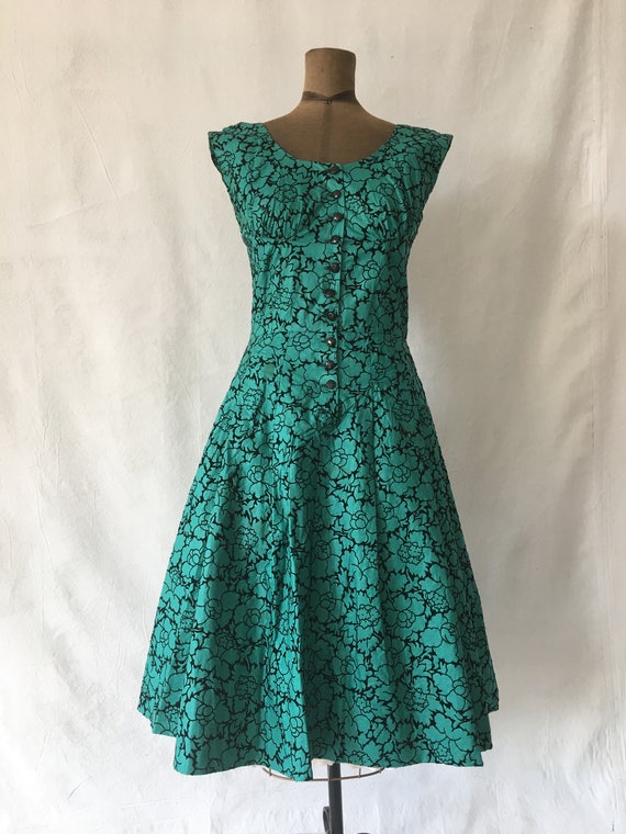 1950s Hand Made Teal and Velvet Party Dress - image 2