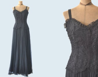 1940s long black netted tulle dress