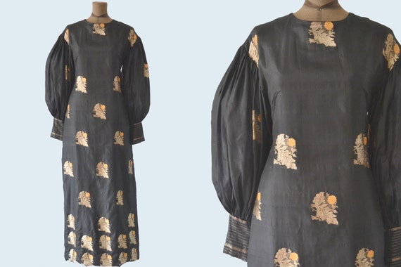 1960s Carrie Naylor Black Silk and Gold Dress size M/L