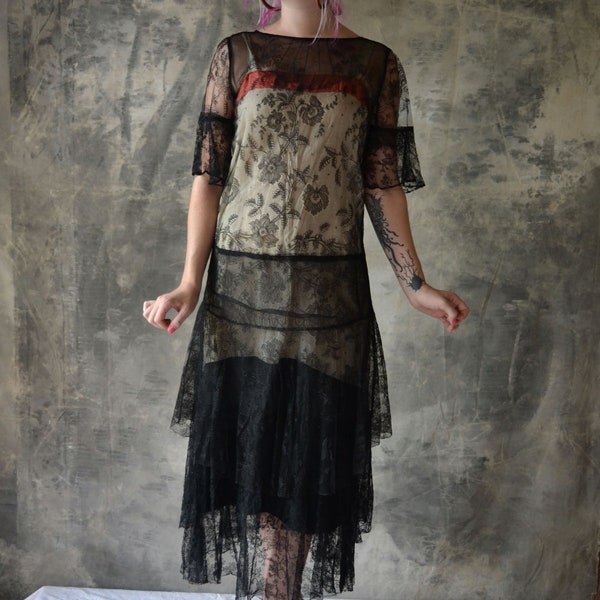 RESERVED: Shandy Flapper Dress 1920s Black Lace