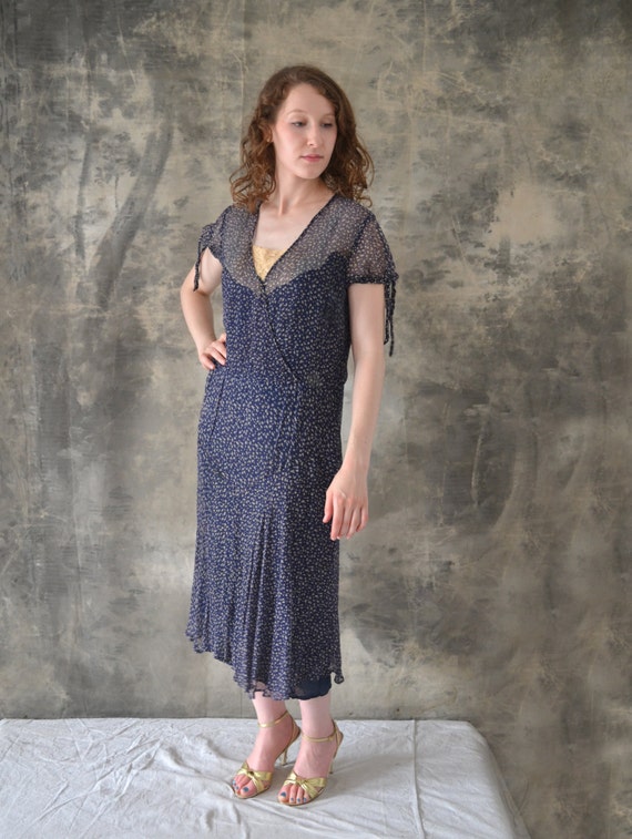 1920s / 1930s Navy Sheer Silk Print Dress - image 2