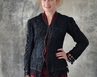 Edwardian Black Looped Ribbon Work Silk Jacket