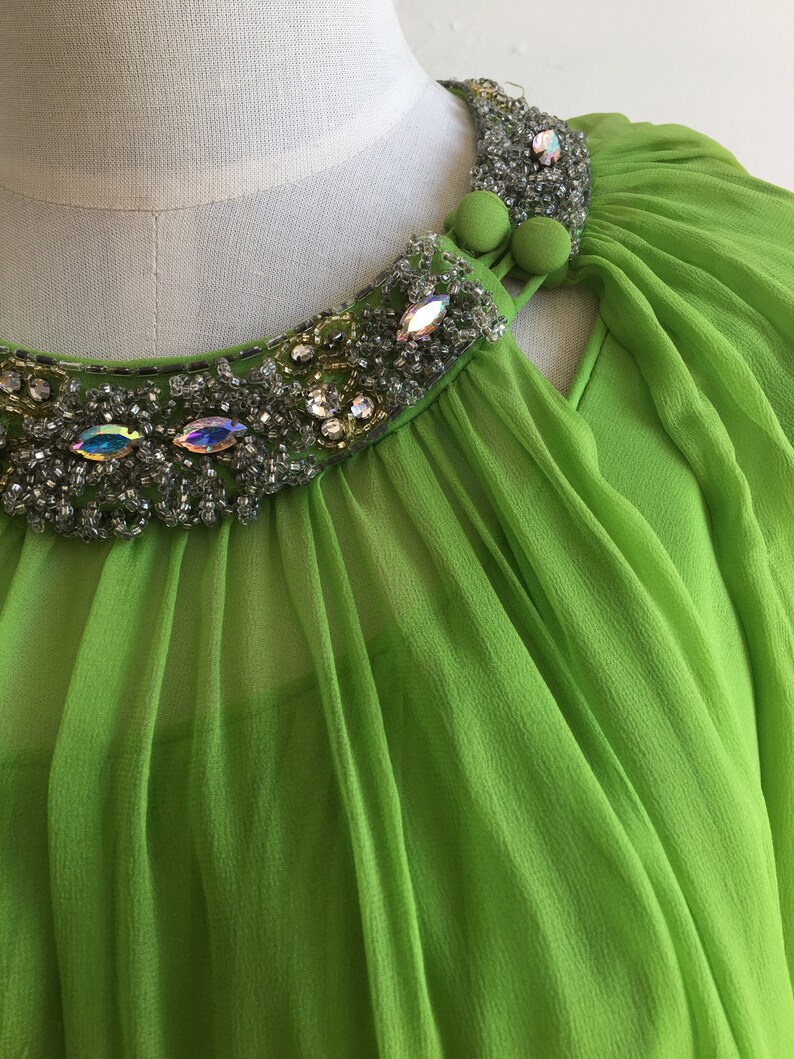 60s Rhinestone Green Silk Chiffon Dress with Over mantle