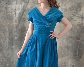 1950s Teal Velvet Dress