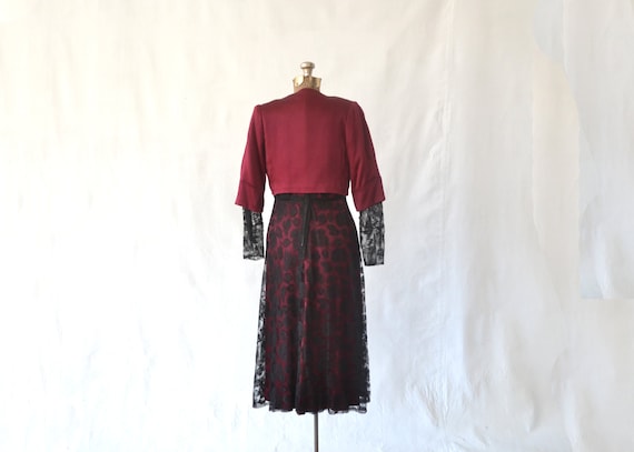 1930s Maroon Silk and Black Lace Dress size S - image 2