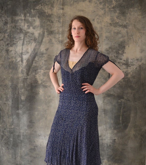 1920s / 1930s Navy Sheer Silk Print Dress - image 1