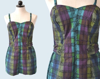 1950s Plaid Romper Cotton Swimsuit size M