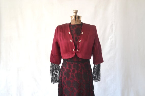 1930s Maroon Silk and Black Lace Dress size S - image 3