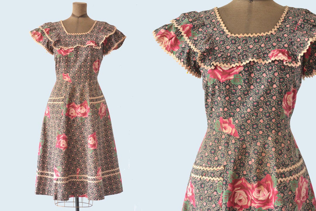 1940s Rose Ruffle Cotton Dress Size S/M READY - Etsy