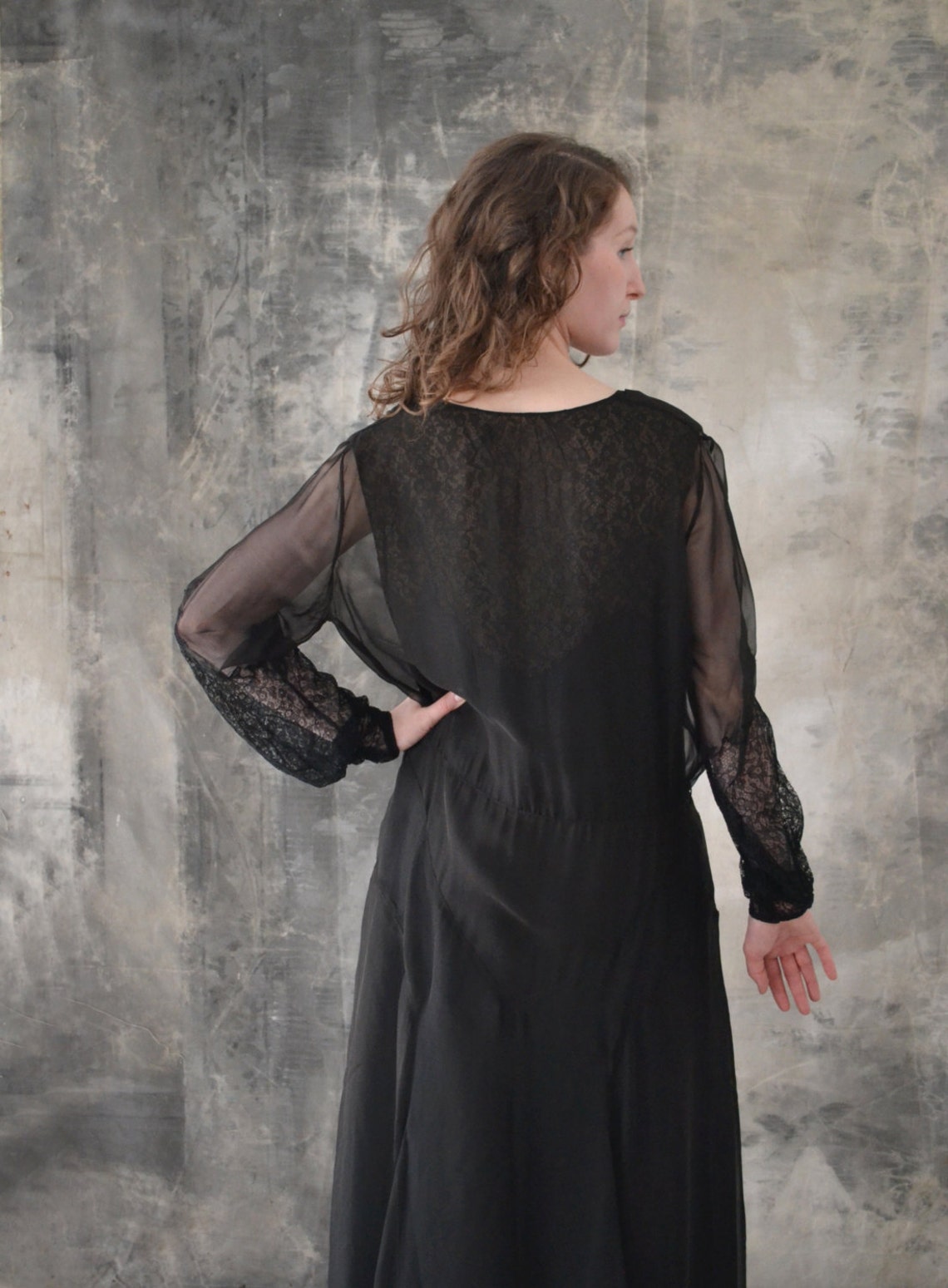 1930s Black Lace Dress with Sheer Flutter Sleeves