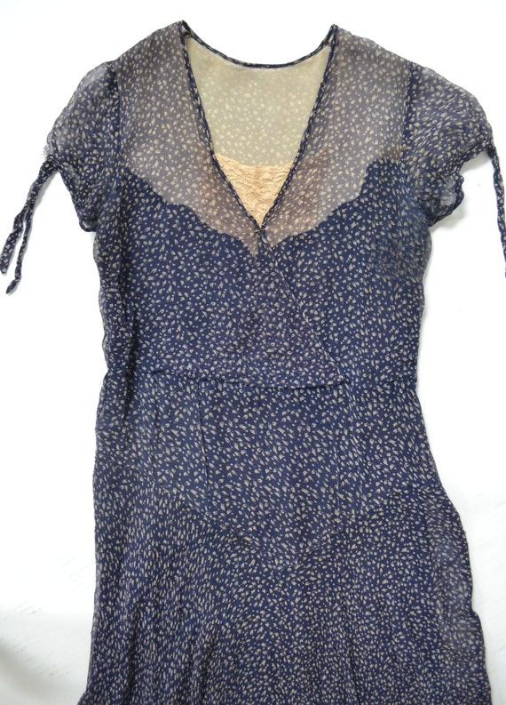 1920s / 1930s Navy Sheer Silk Print Dress - image 4