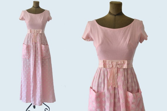1960s Pink Polka Dot and Flower Dress size XS - image 1