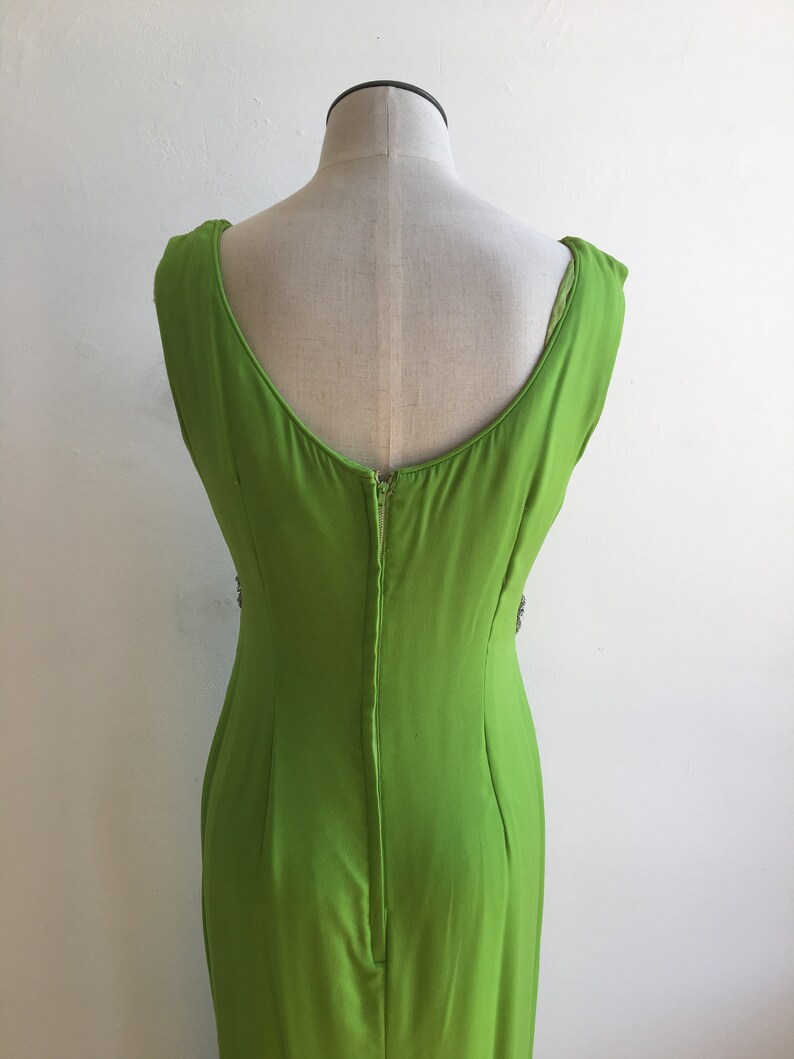 60s Rhinestone Green Silk Chiffon Dress with Over mantle