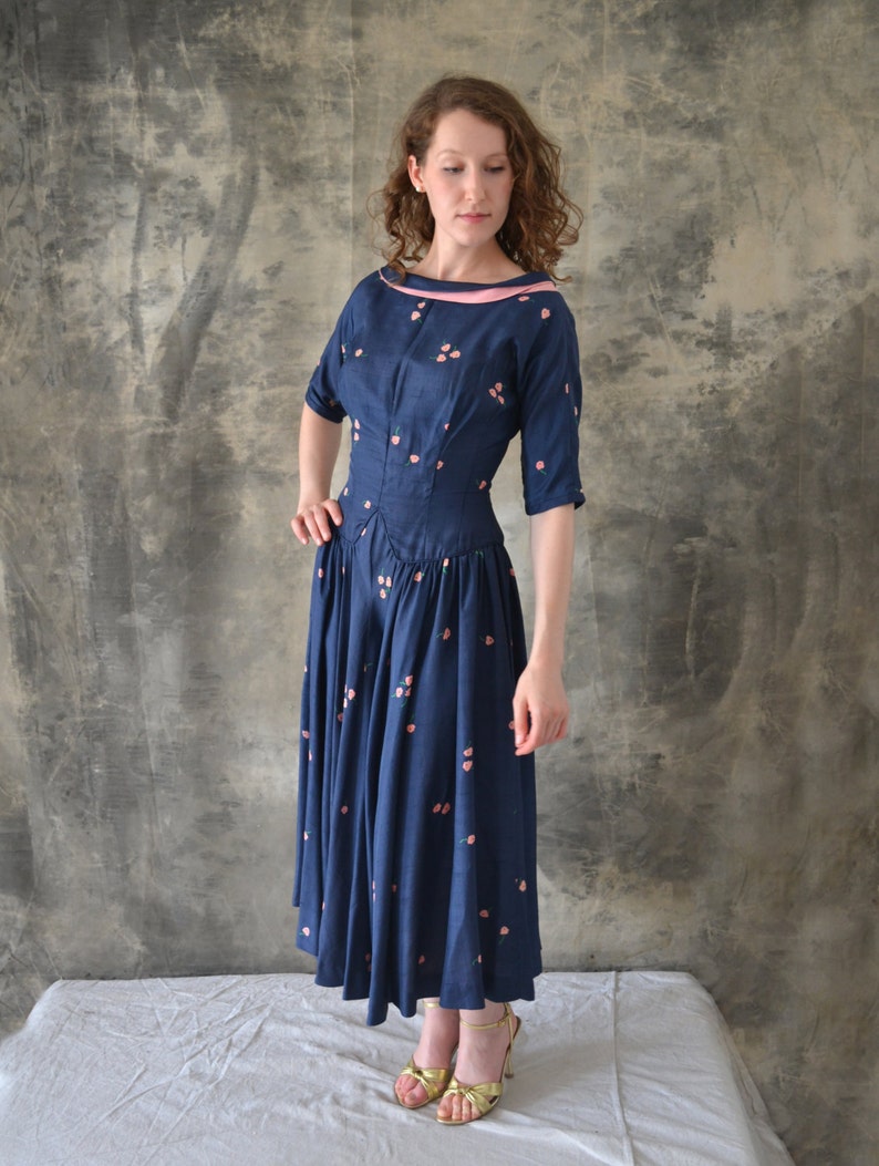 1950s Navy Silk Print Dress image 2