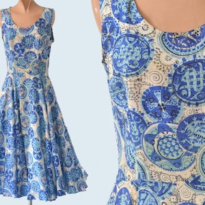 1950s Blue Silk Print Dress size XS
