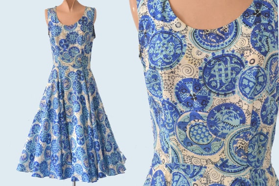 1950s Blue Silk Print Dress size XS - image 1