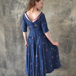1950s Navy Silk Print Dress image 3