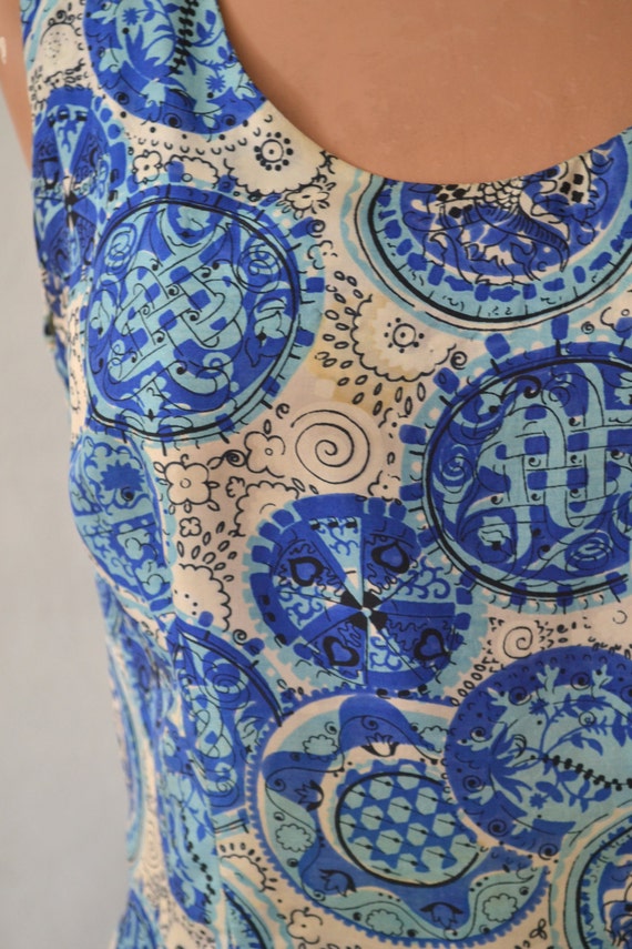 1950s Blue Silk Print Dress size XS - image 3