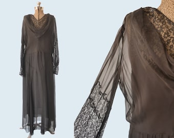 1930s Sheer Black Silk and Lace Dress