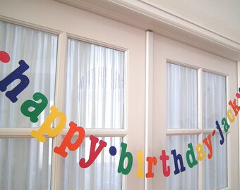 happy birthday + name banner in Primary Colors.  5280 Bliss.  Rainbow Birthday.  Birthday Party.  Photo Prop.