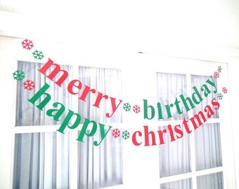 2 Banners.  merry birthday.  happy christmas.  Christmas Birthday.  December Birthday.  5280 Bliss.  #EtsyGifts