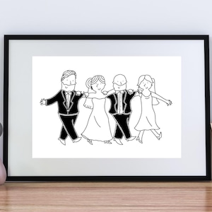 Wedding Party Greek Dance Illustration – Bride, Groom, Best Man & Maid of Honour – Greek Dancing Print – Custom Couple Portrait