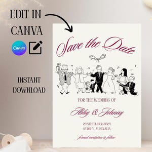 Save the Date Template • Hand Drawn Cartoon Illustration • Editable Canva Invitation • Greek Dancing Wedding Digital Download