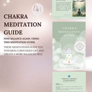 Może przedstawiać: Przewodnik po medytacji zatytułowany "Chakra Meditation Guide" z tekstem "Znajdź równowagę ponownie, korzystając z tego przewodnika po medytacji." Przewodnik zawiera informacje o czakrach, medytacji i czakrze gardła.