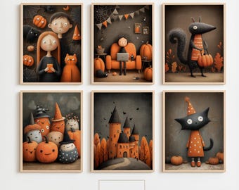 May include: Six framed Halloween-themed art prints. Each print features whimsical illustrations of pumpkins, characters, and a castle in shades of orange, black, and gray. The prints are displayed on a white wall. The text "FRAME63" is at the bottom.