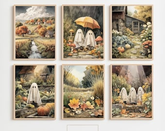 Cottage Funny Ghost Printable Halloween Gallery Set, Rustic Decor, Farmhouse Gallery Wall Set, Vintage Paintings Prints, Digital Download