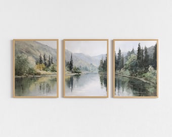 Mountain Lake Wall Art Set van 3, vintage muurkunst platteland landschap digitale download olieverfschilderij rustieke boerderij afdrukbare decor