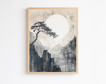 Japanese Ink Wash Art Print: Zen Mountain Landscape, modern abstract watercolor living room, romantic, boho office digital download decor