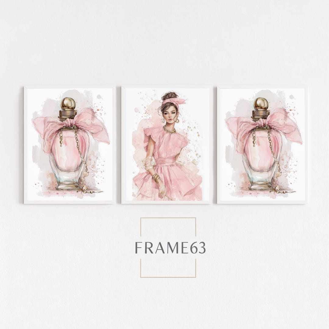 Blush Pink Fashion Wall Art Set of 3 Pink Gold Prints Perfume Bottle ...