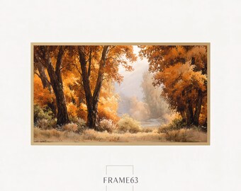 Può includere: Dipinto di paesaggio incorniciato raffigurante una scena di foresta autunnale. L'opera mostra un sentiero che conduce in lontananza, con caldi toni arancioni e gialli. Il testo "FRAME63" si trova nella parte inferiore della cornice in legno chiaro.