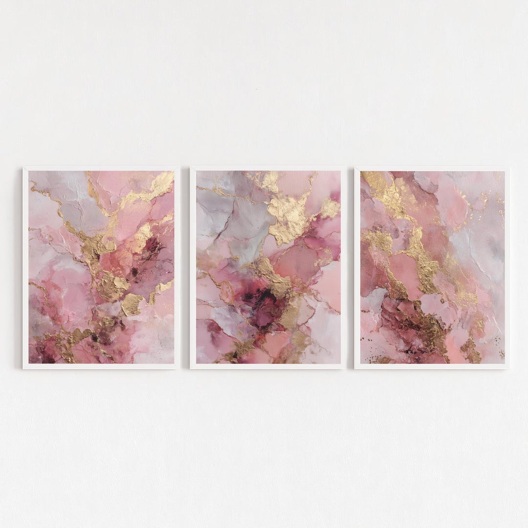 Blush and Gold Ink Abstract Wall Art – Set of 3 Pink Digital Prints for ...