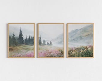 Vintage muurkunst platteland landschap, wilde bloemen berg muur kunst set van 3, digitale download schilderij rustieke boerderij afdrukbaar decor