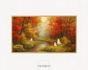 Cute Ghosts in Autumn Forest, Halloween Art Autumn Spooky Frame, Oil Painting, Vintage Wall Art for Samsung Frame TV Decor, Digital Download