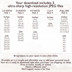 Op de afbeelding: Een digitale kunstafdruk-maattabel met afmetingen in inches en centimeters. De gids bevat verschillende beeldverhoudingen en bestandsgroottes, met de tekst "Your download includes 5 ultra-sharp high-resolution JPEG files."