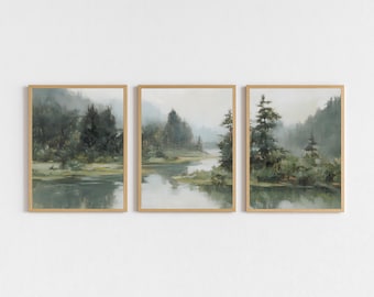 Groenblijvende bos rivier set van 3, vintage muurkunst, bergen landschap, digitale download, rustieke boerderij afdrukbare bosrijke decor schilderij